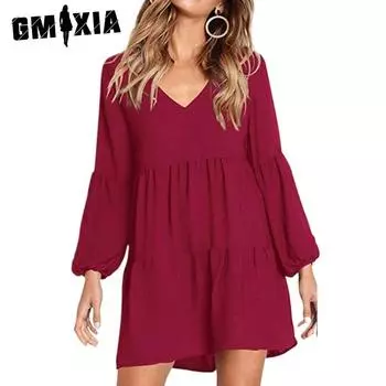 GMXIA Женские модные летние весенние однотонные повседневные платья с длинным рукавом и v-образным вырезом с принтом S жёлтый