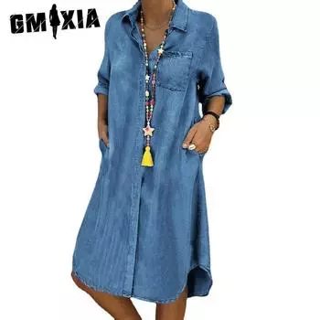 GMXIA Женские модные летние весенние однотонные повседневные платья с длинными рукавами и воротником-поло с принтом