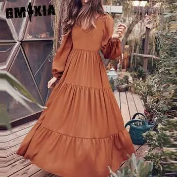 GMXIA Женские модные летние весенние однотонные повседневные платья с длинным рукавом и v-образным вырезом с принтом M зелёный