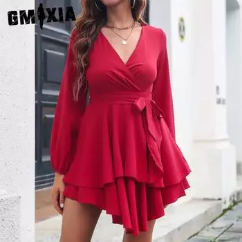 GMXIA женские модные летние весенние однотонные повседневные платья с длинным рукавом и v-образным вырезом и высокой талией S чёрный