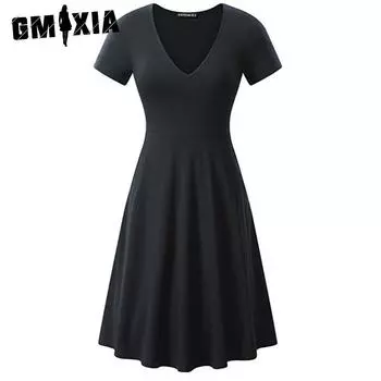 GMXIA Женские модные летние весенние однотонные повседневные платья с короткими рукавами и v-образным вырезом с принтом