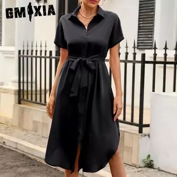 GMXIA женские модные летние весенние однотонные повседневные платья с короткими рукавами и воротником-поло с высокой талией и принтом S чёрный