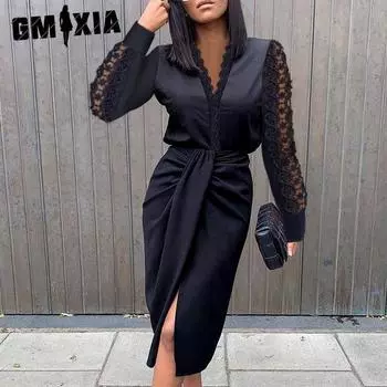 GMXIA Женские модные летние весенние однотонные повседневные платья с длинным рукавом и v-образным вырезом с принтом S белый