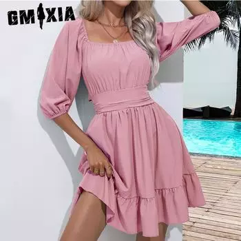 GMXIA женские модные летние весенние однотонные повседневные платья с рукавами 3/4 и квадратным воротником с высокой талией S белый