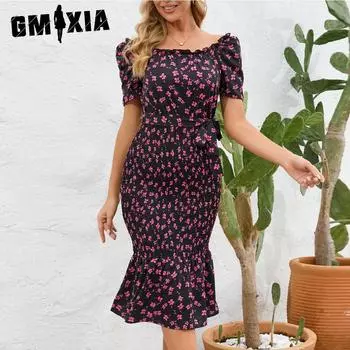 GMXIA женские модные летние весенние однотонные повседневные платья с коротким рукавом и U-образным вырезом с высокой талией и принтом S белый