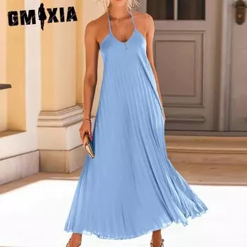 GMXIA Женские модные летние весенние однотонные повседневные платья без рукавов с v-образным вырезом и принтом S чёрный