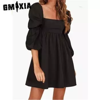 GMXIA женские модные летние весенние однотонные повседневные платья с короткими рукавами и квадратным воротником с принтом S чёрный