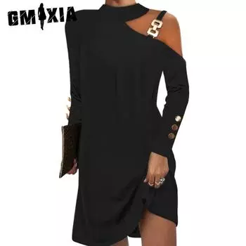 GMXIA Женские модные летние весенние однотонные повседневные платья с длинными рукавами и принтом S чёрный