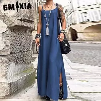 GMXIA Женские модные летние весенние однотонные повседневные платья без рукавов с U-образным вырезом и принтом S синий