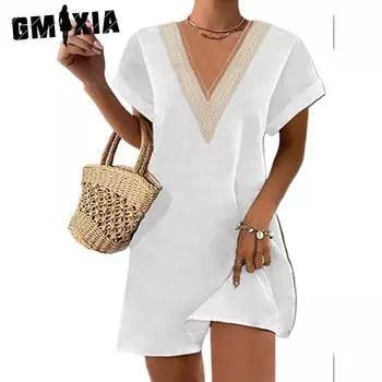 GMXIA Женские модные летние весенние однотонные повседневные платья с короткими рукавами и v-образным вырезом с принтом S белый