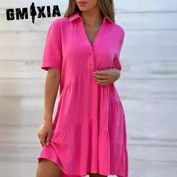 GMXIA Женские модные летние весенние однотонные повседневные платья с короткими рукавами и воротником-поло с принтом S красный