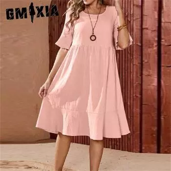 GMXIA женские модные летние весенние однотонные повседневные платья с коротким рукавом и круглым вырезом с высокой талией и принтом S розовый