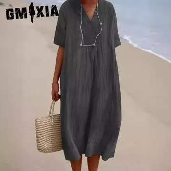 GMXIA Женские модные летние весенние однотонные повседневные платья с короткими рукавами и v-образным вырезом с принтом S синий