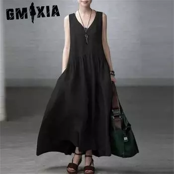 GMXIA Женские модные летние весенние однотонные повседневные платья без рукавов с v-образным вырезом и принтом S чёрный