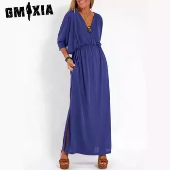 GMXIA Женские модные летние весенние однотонные повседневные платья с короткими рукавами и v-образным вырезом с принтом S чёрный