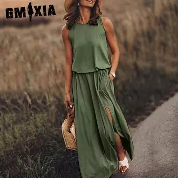 GMXIA женские модные летние весенние однотонные повседневные платья с коротким рукавом и круглым вырезом с высокой талией и принтом S чёрный