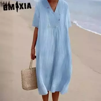 GMXIA женские модные летние весенние однотонные повседневные платья с короткими рукавами и v-образным вырезом и высокой талией S