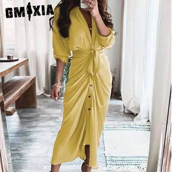 GMXIA женские модные летние весенние однотонные повседневные платья с короткими рукавами и v-образным вырезом и высокой талией S белый