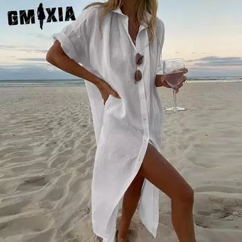 GMXIA женские модные летние весенние однотонные повседневные платья с длинными рукавами и воротником-поло с высокой талией и принтом S белый