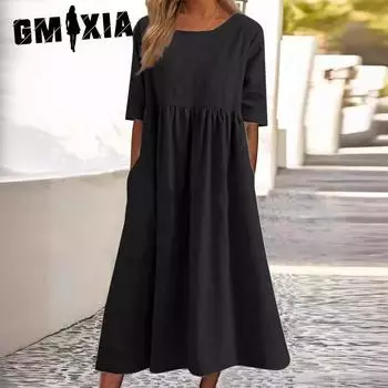 GMXIA Женские модные летние весенние однотонные повседневные платья с рукавами 2/1 и круглым вырезом с принтом S серый