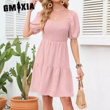 GMXIA женские модные летние весенние однотонные повседневные платья с короткими рукавами и квадратным воротником с принтом S красный
