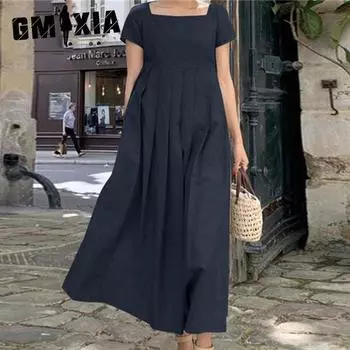 GMXIA женские модные летние весенние однотонные повседневные платья с короткими рукавами и квадратным воротником с принтом S хаки