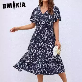 GMXIA Женские модные летние весенние однотонные повседневные платья с короткими рукавами и v-образным вырезом с принтом L зелёный