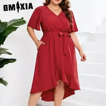 GMXIA женские модные летние весенние однотонные повседневные платья с короткими рукавами и v-образным вырезом и высокой талией XL красный
