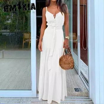 GMXIA Женские модные летние весенние однотонные повседневные платья без рукавов с v-образным вырезом и высокой талией S белый