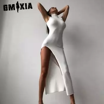 GMXIA Женские модные летние весенние однотонные повседневные платья без рукавов с круглым вырезом и принтом S белый