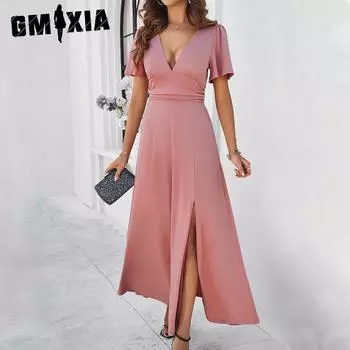 GMXIA женские модные летние весенние однотонные повседневные платья с короткими рукавами и v-образным вырезом и высокой талией S розовый