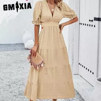 GMXIA женские модные летние весенние однотонные повседневные платья с короткими рукавами и v-образным вырезом и высокой талией S