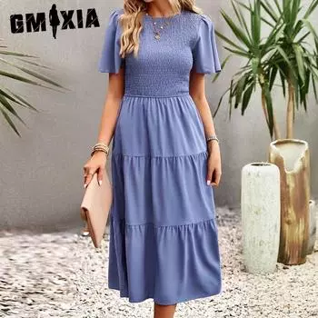 GMXIA женские модные летние весенние однотонные повседневные платья с коротким рукавом и круглым вырезом с высокой талией и принтом S белый