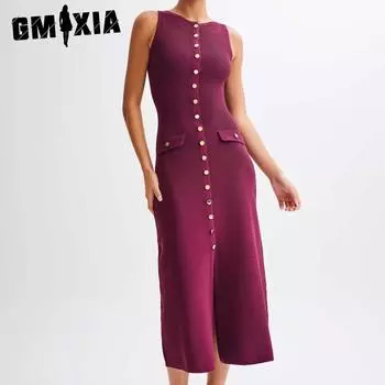 GMXIA Женские модные летние весенние однотонные повседневные платья без рукавов с круглым вырезом и высокой талией S абрикосовый