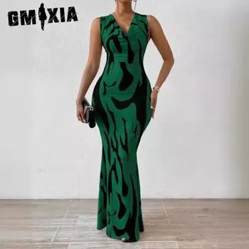 GMXIA Женские модные летние весенние однотонные повседневные платья без рукавов с v-образным вырезом и высокой талией S