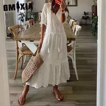 GMXIA женские модные летние весенние однотонные повседневные платья с короткими рукавами и v-образным вырезом и высокой талией S белый