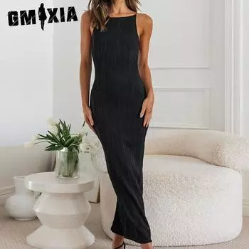 GMXIA Женские модные летние весенние однотонные повседневные платья без рукавов с круглым вырезом и высокой талией S белый