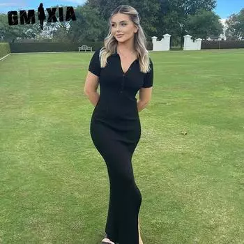 GMXIA женские модные летние весенние однотонные повседневные платья с короткими рукавами и воротником-поло с высокой талией и принтом S чёрный