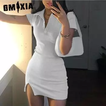 GMXIA женские модные летние весенние однотонные повседневные платья с короткими рукавами и воротником-поло с высокой талией и принтом S серый