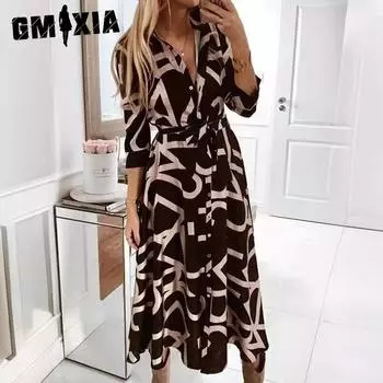 GMXIA женские модные летние весенние однотонные повседневные платья с длинным рукавом и v-образным вырезом и высокой талией S чёрный