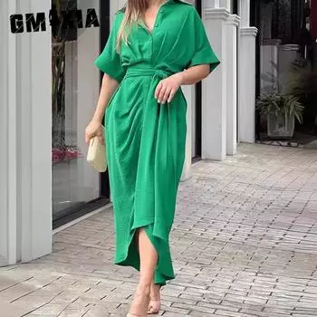 GMXIA женские модные летние весенние однотонные повседневные платья с короткими рукавами и v-образным вырезом и высокой талией S чёрный