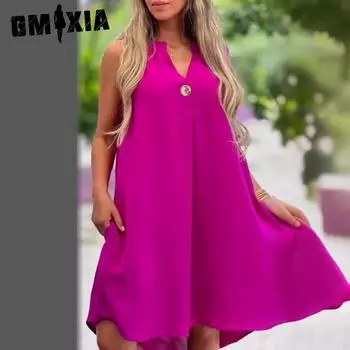 GMXIA женские модные летние весенние однотонные повседневные платья с короткими рукавами и v-образным вырезом и высокой талией S синий