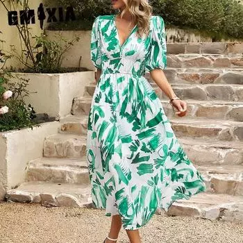 GMXIA женские модные летние весенние однотонные повседневные платья с короткими рукавами и v-образным вырезом и высокой талией S чёрный