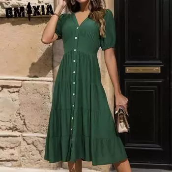 GMXIA женские модные летние весенние однотонные повседневные платья с короткими рукавами и v-образным вырезом и высокой талией S зелёный