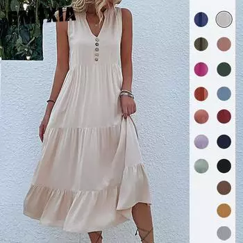 GMXIA Женские модные летние весенние однотонные повседневные платья без рукавов с v-образным вырезом и высокой талией S абрикосовый