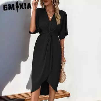 GMXIA женские модные летние весенние однотонные повседневные платья с короткими рукавами и v-образным вырезом и высокой талией S чёрный