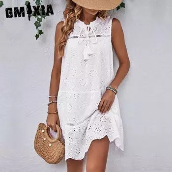 GMXIA Женские модные летние весенние однотонные повседневные платья без рукавов с круглым вырезом и высокой талией S белый