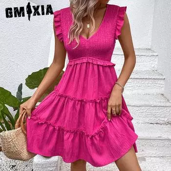 GMXIA Женские модные летние весенние однотонные повседневные платья без рукавов с v-образным вырезом и высокой талией S розы красного