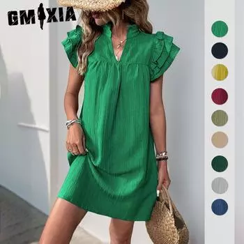 GMXIA женские модные летние весенние однотонные повседневные платья с короткими рукавами и v-образным вырезом и высокой талией S светло-синий