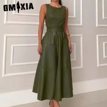 GMXIA Женские модные летние весенние однотонные повседневные платья без рукавов с круглым вырезом и высокой талией S оливковое зеленый